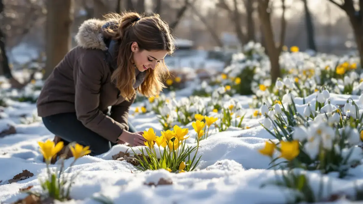 Eine gelbe Blume kündigt unauffällig das Ende des Winters vor den Schneeglöckchen an